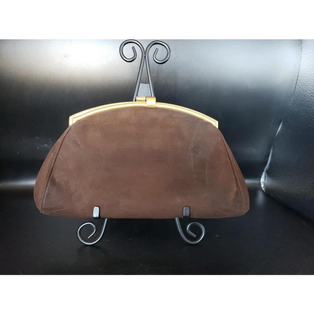 Vintage Dark Brown Velvet Gold Trim Block Wristlet strap Bag Purse w/ mirror!